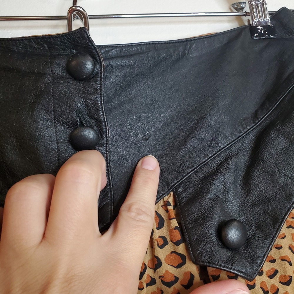 Bellino Paris Moda Leopard Print Maxi Skirt Black Leather Trim Button Front Sz 8 - Picture 3 of 7